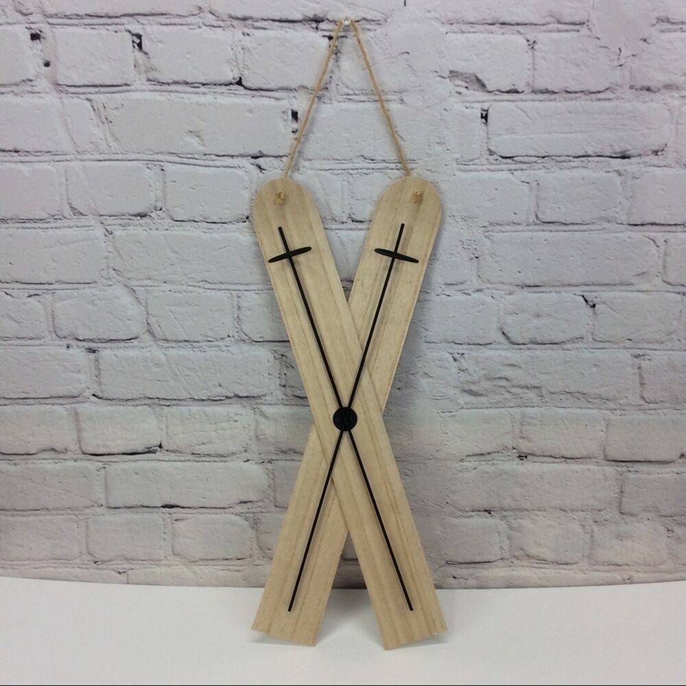 Wooden Snow Skis Wall Hanging Lodge Decor Rustic Cabin Winter Rope Hanger